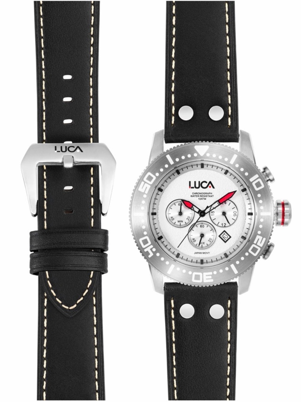 Men's Black Leather Chronograph Watch - Black/White Dial